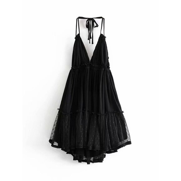 Tie back halter mini dress backless lace layered polkadot boho black - Picture 2 of 8